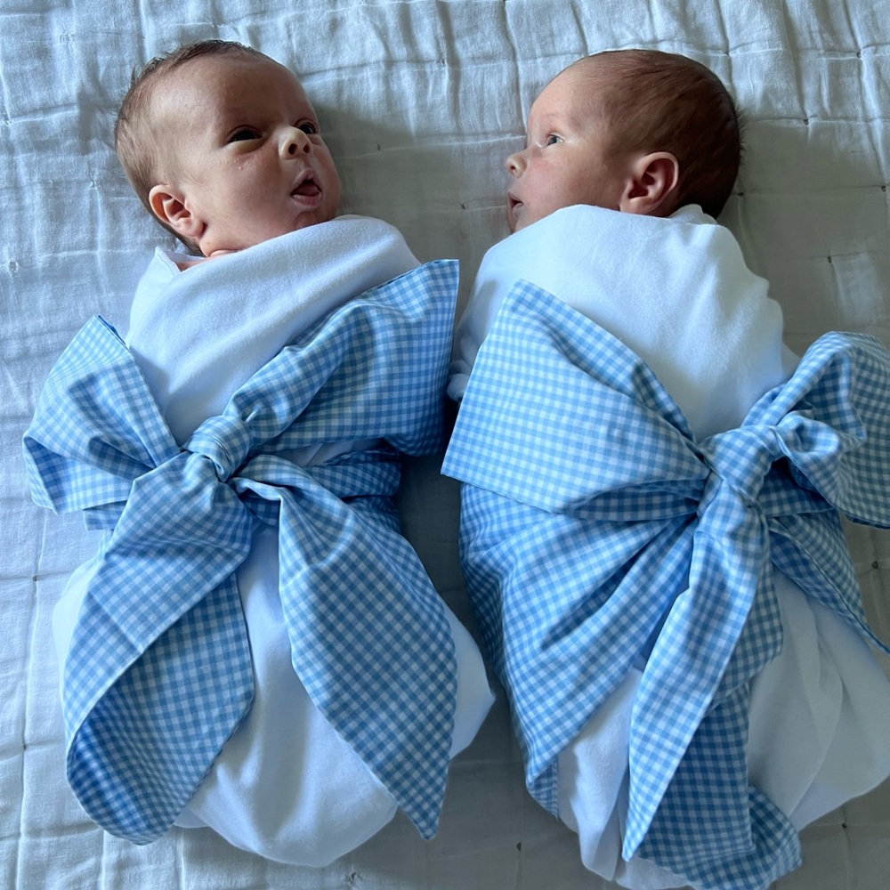 TBBC blue gingham bow swaddle